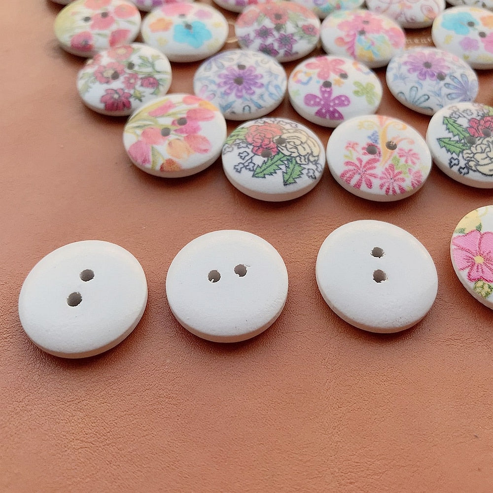 150PCS 20mm 2 Holes Mixed Colors Printed Wood Buttons
