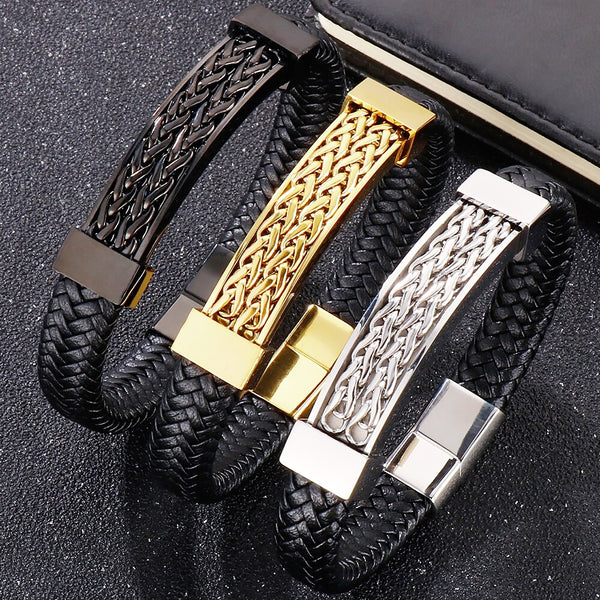 Pulsera de cuero genuino para hombre, pulsera de cuerda trenzada de acero inoxidable negro para hombre.