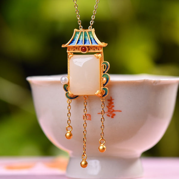 Colgante cuadrado de perla con incrustaciones de jade blanco de Hetian natural