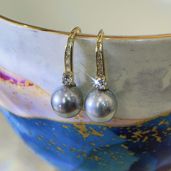8-9mm Akoya Silver Blue Pearl Simple Drop Earrings Round Pearl Fine Women