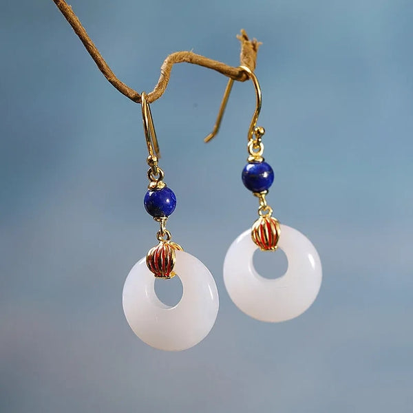 Pendientes geométricos de lapislázuli y jade hetiano natural de nuevo diseño.