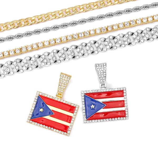 New Puerto Rico Map and Colored Flag Pendant Necklaces