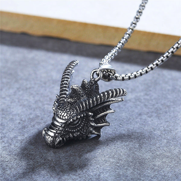 Collar con colgante de dragón vikingo vintage para hombre, de acero inoxidable 316L, con cabeza de animal y estilo motero.