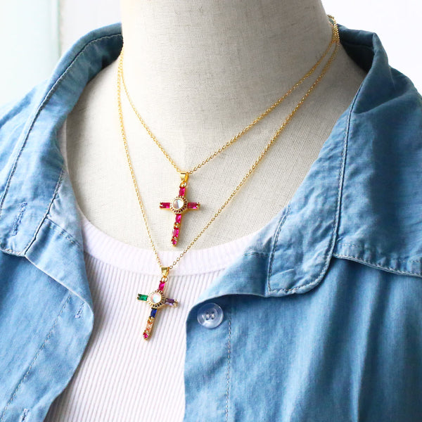 Clear Round Crystal Fuchsia Cross Necklaces for Women Copper CZ Rhinestone Cross Necklaces