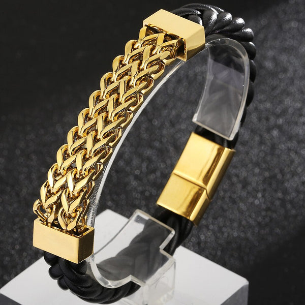 Pulsera de cuero para hombre, acero chapado en oro, cadena de eslabones cuadrada Franco, pulseras para hombre