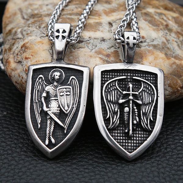Collar de acero inoxidable con colgante de ángel y San Miguel para hombre, estilo retro, con escudo de guerrero ángel.