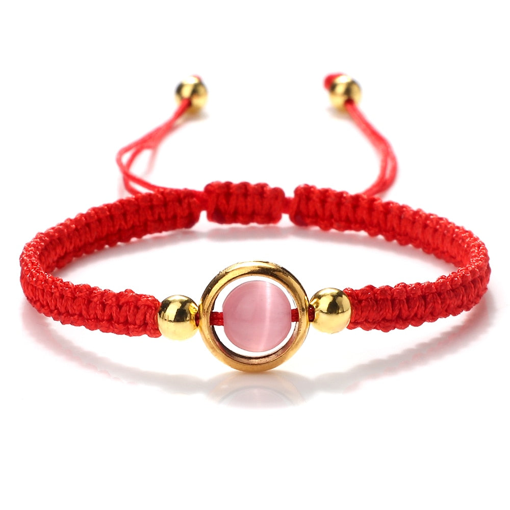 Pink Cat Eye Stone Beads Braided Bracelet For Women Red Thread String Bracelet