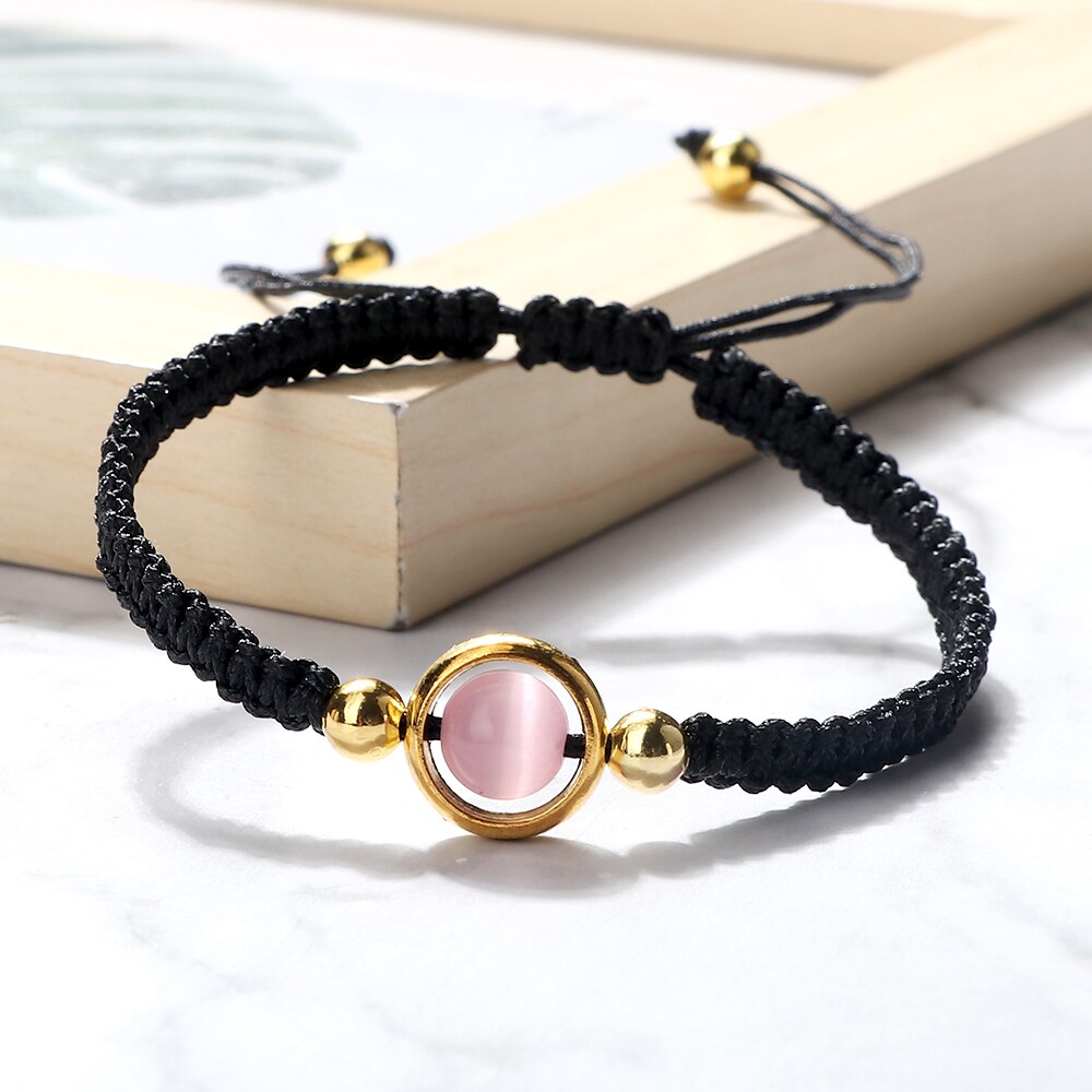 Pink Cat Eye Stone Beads Braided Bracelet For Women Red Thread String Bracelet