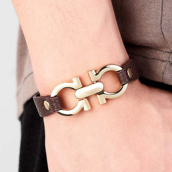 Pulseras con hebilla geométrica de aleación de oro y cuero sintético de alta calidad para mujer y hombre.