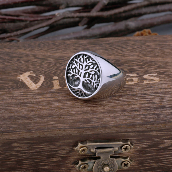 Anillo vikingo de acero inoxidable con estampado del Árbol de la Vida para hombre y mujer