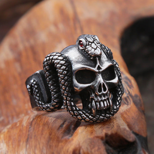 Anillo gótico con calavera y serpiente de ojo rojo para hombre, estilo punk, hip hop, motociclista.