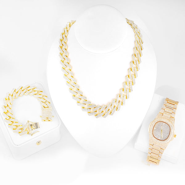 Full Zircon Inlay Watch +20MM Iced Out Cuba Chain Necklace With Bracelet