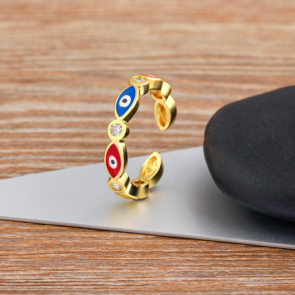 Anillos de diamantes de imitación con diseño de ojo malvado arcoíris bohemio abierto de nuevo estilo para mujer