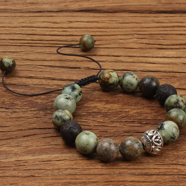 Pulsera de cuentas de turquesa africana, ojo de tigre amarillo y malaquita de 10 mm