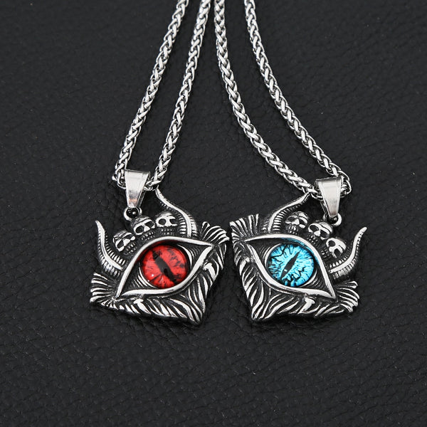 Collar con colgante de ojo de demonio y calavera retro, estilo punk, de motociclista callejero, de acero inoxidable, con colgante de ojo del infierno.