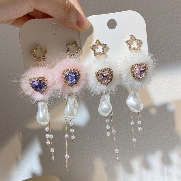 Korean Sweet Fur Pompon Ball Pearl Tassel Drop Earrings For Women