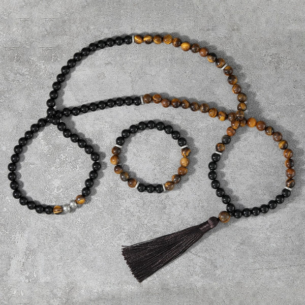 Collar de japamala de ónix negro y ojo de tigre de 8 mm para meditación Namaste y yoga.
