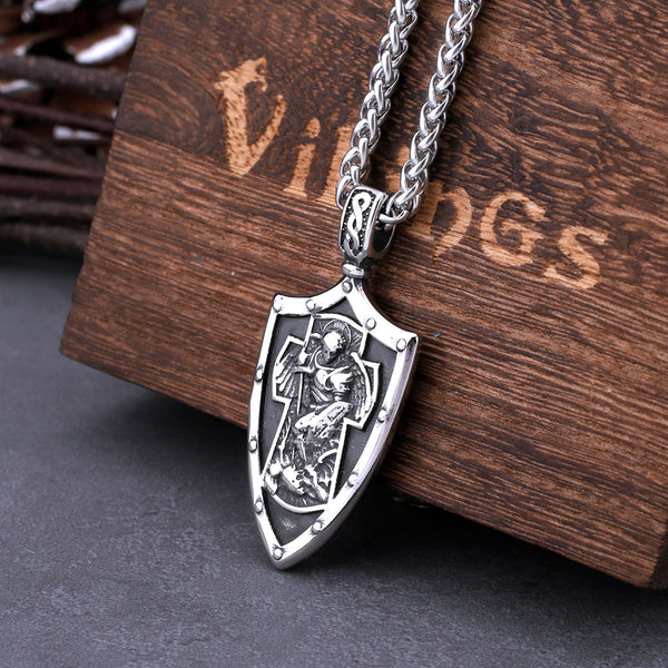 Collar de acero inoxidable con el arcángel San Miguel, colgante vintage con cruz y escudo para hombre.
