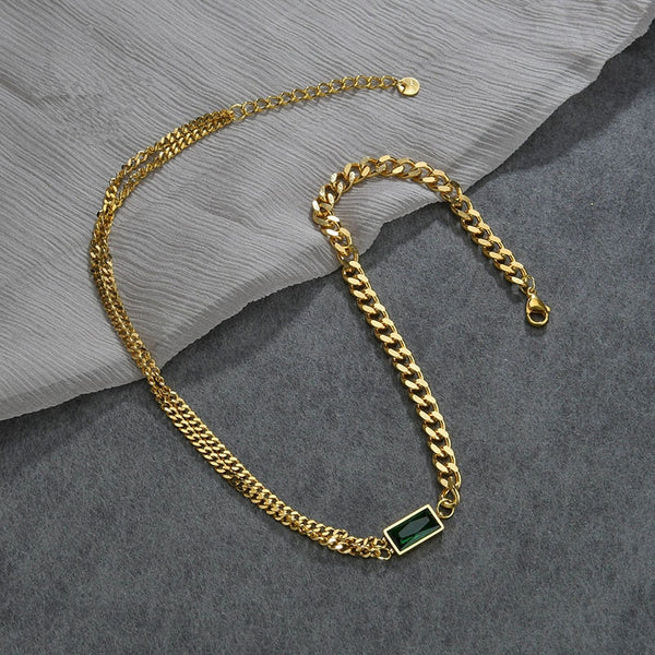 Collar cuadrado de acero inoxidable 316L con cristales verdes para mujer