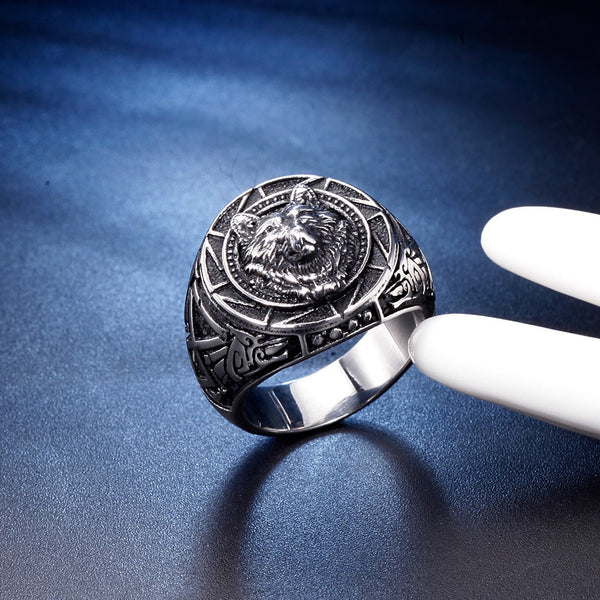 Anillo vintage gótico con cabeza de lobo para hombre, sello nórdico de Odín y el lobo del campo de hielo, anillo vikingo