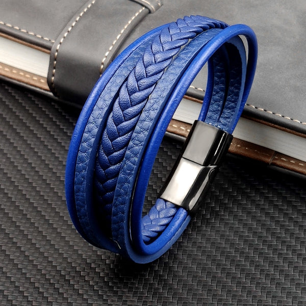 Nueva pulsera de cuero trenzado punk azul de acero y titanio para hombre