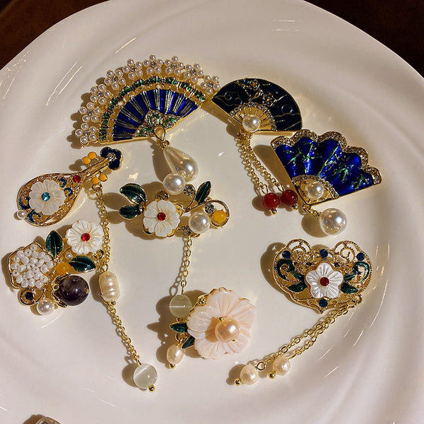 Chinese Style Fringed Flowers Pearls Pipa Brooches