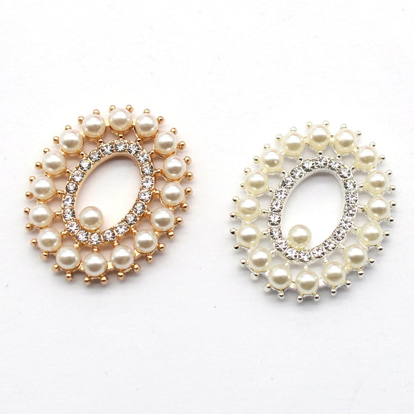 New 5Pcs/Lot 25*30mm Oval Alloy Pearl Hollow Rhinestone Buttons