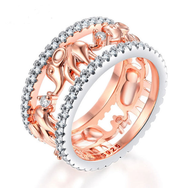 Anillo de la suerte de lujo con forma de elefante y circonitas de cristal bañado en oro rosa para mujer