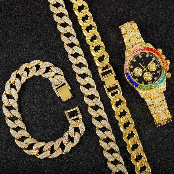 15MM Necklace +Watch+Bracelet Hip Hop Miami Cuban Chain