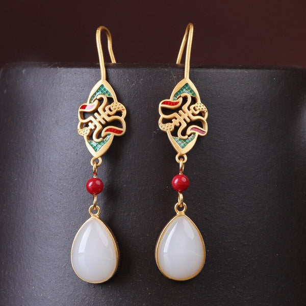 New in Ancient gold craft retro enamel Natural Hotan Jade water droplets earrings for women