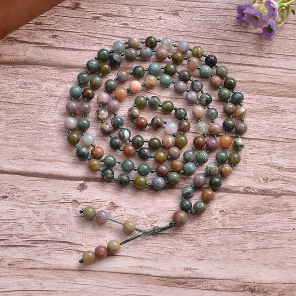 Collar de cuentas de oración Mala 108 anudadas con ágata india de 8 mm