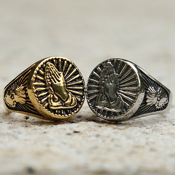 Anillo con sello de oración de Cristo en color dorado/plateado vintage para hombre y mujer