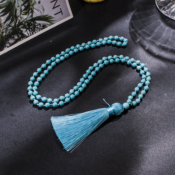 Collar Mala 108 anudado con cuentas de turquesa azul de 6 mm