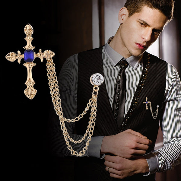 Korean New High-end Metal Cross Brooch Crystal Rhinestone Tassel Chain Lapel Pin Fashion Men