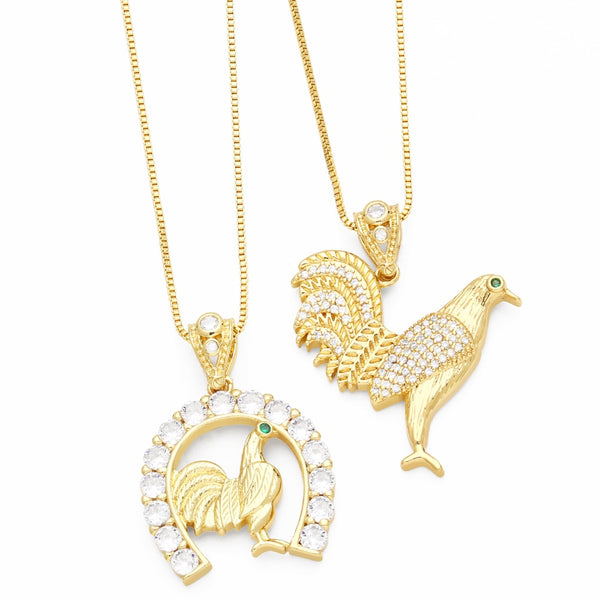 Copper Gold Plated Cock Necklaces for Women CZ Rhinestone Rooster Necklaces