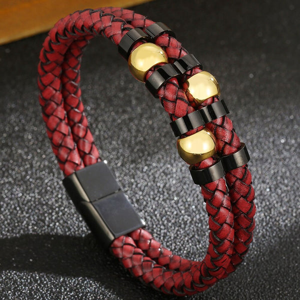 Pulsera de cuero rojo de doble capa para hombre, pulsera de acero chapado en oro.
