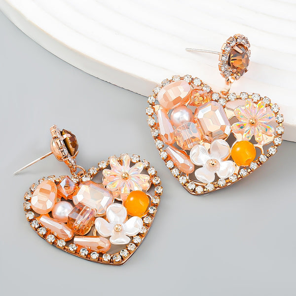 Pendientes de flores de resina con diamantes de metal de moda para mujer