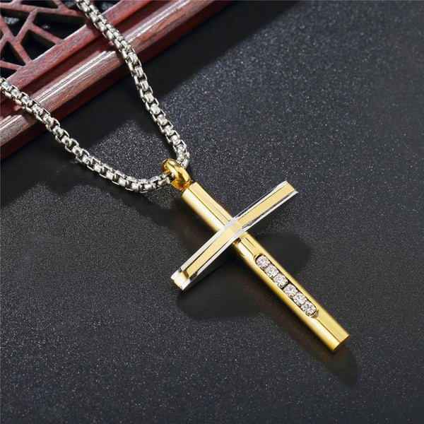 Collar vintage de acero inoxidable con colgante de cruz de piedra con incrustaciones cristianas