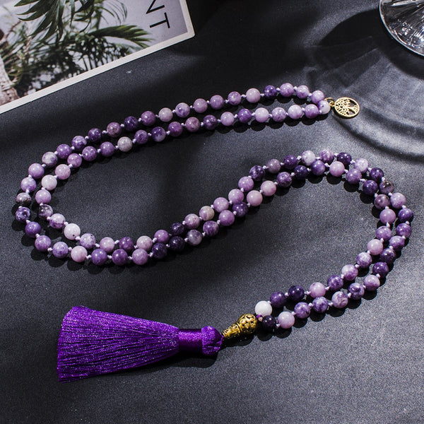 8mm Purple Lepidolite Beaded Knotted 108 Mala Necklace Meditation Yoga Prayer Jewelry