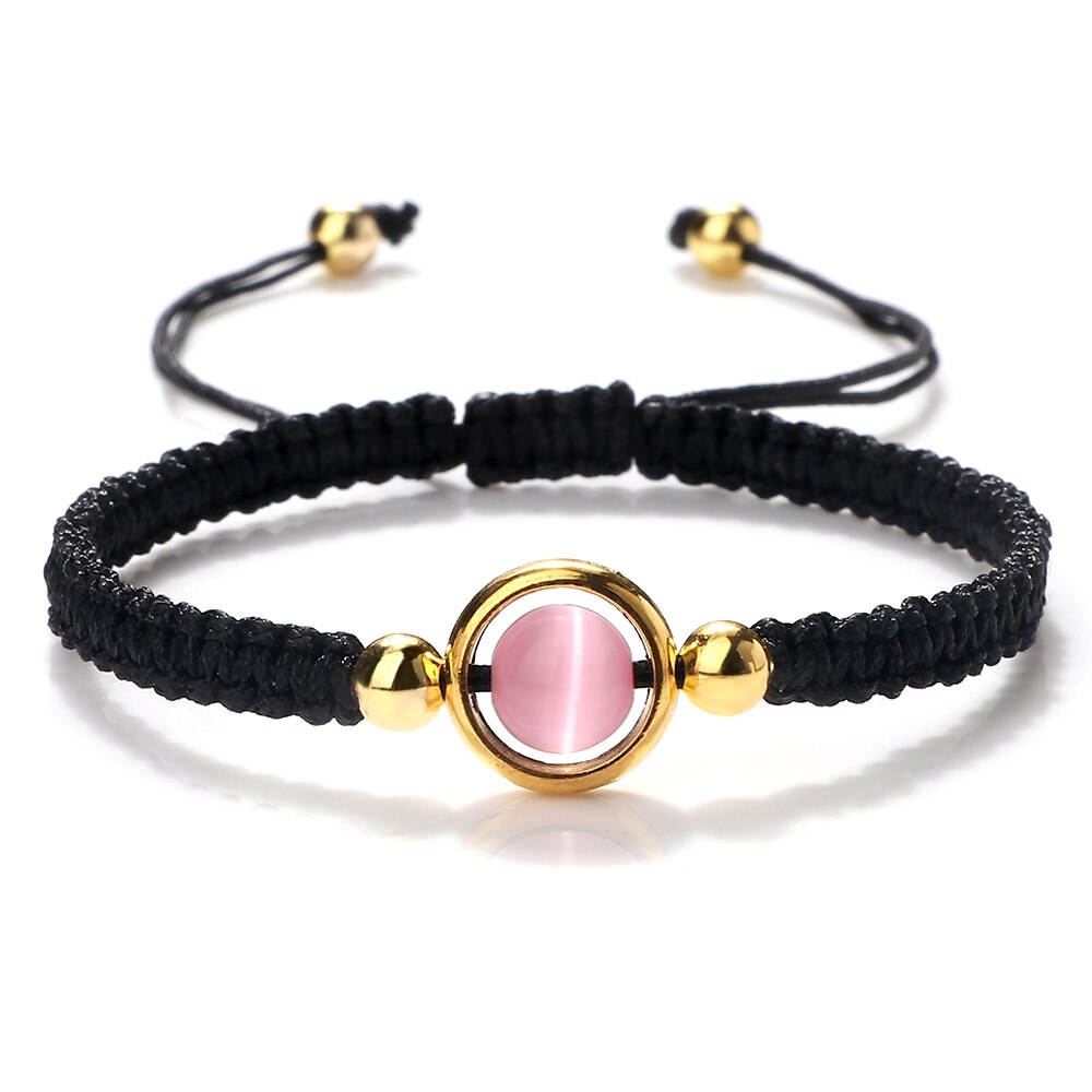 Pink Cat Eye Stone Beads Braided Bracelet For Women Red Thread String Bracelet