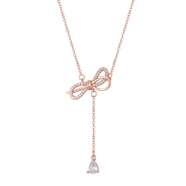 Collar de borla brillante con lazo de cristal de oro morado 585 para mujer