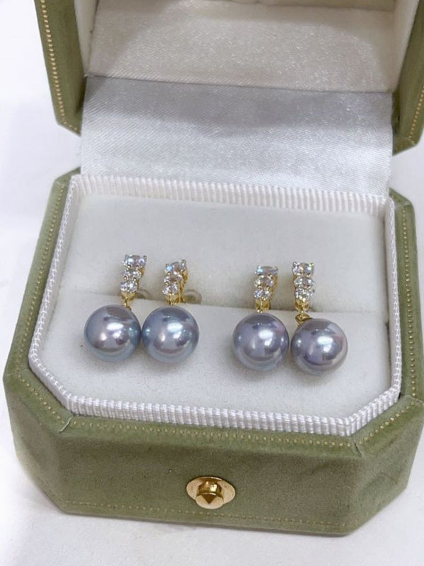 Simple 8-9mm Akoya Silver Blue Pearls Trendy Stud Earrings