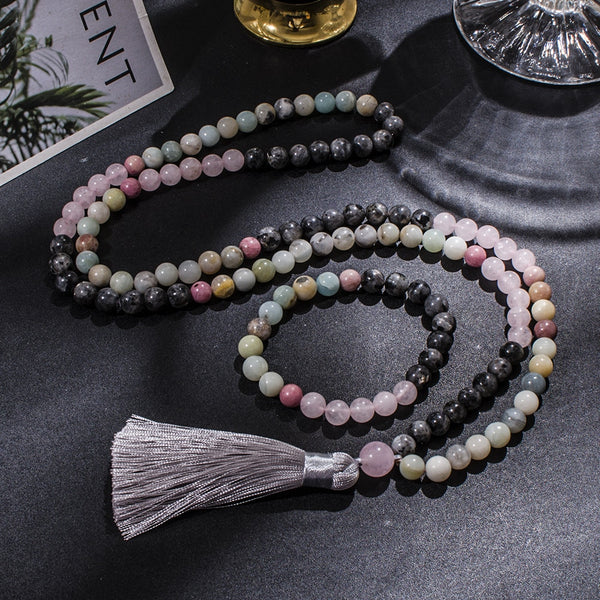 Conjunto de collar mala 108 con cuentas de labradorita, cuarzo rosa y amazonita de 8 mm