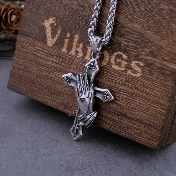 Collar de mano de oración con cruz de acero inoxidable para hombre