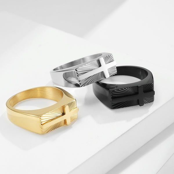 Anillos de hip hop vintage sencillos con sello de cruz de titanio y acero inoxidable para hombres y mujeres.