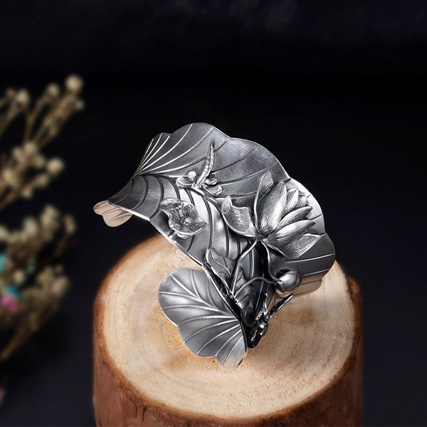 Silver retro lotus ethnic style wide face atmosphere fashion exaggerated opening bracelet