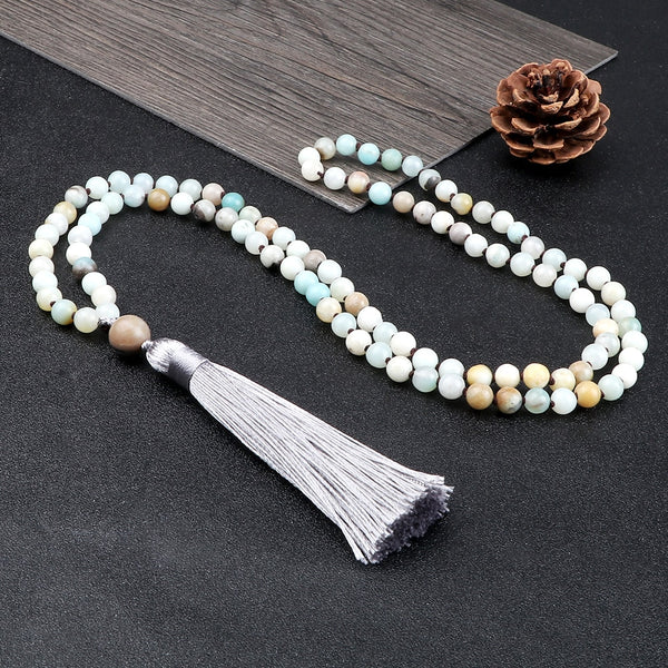 Collar de 108 cuentas redondas de amazonita mate de piedra natural Mala para mujer