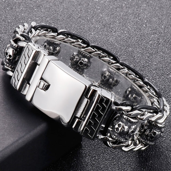 Pulsera gótica de motociclista con calavera para hombre, de acero inoxidable 316L, con eslabones.