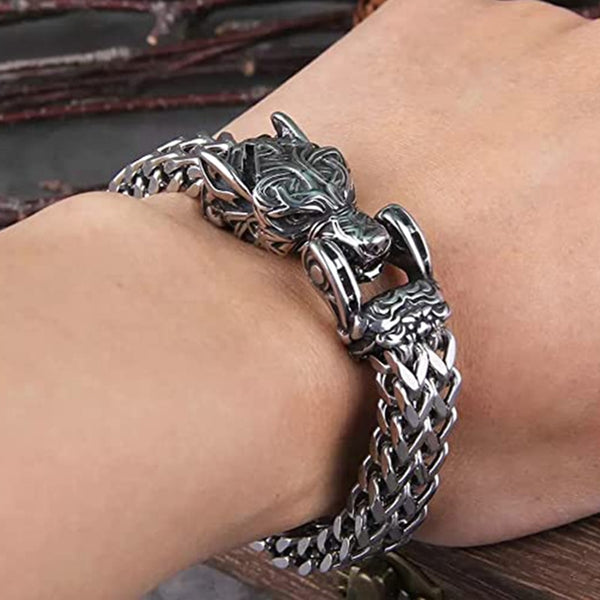 Pulsera de lobo vikingo para hombre, de acero inoxidable, con cadena de eslabones de malla de 12 mm y boca abierta.