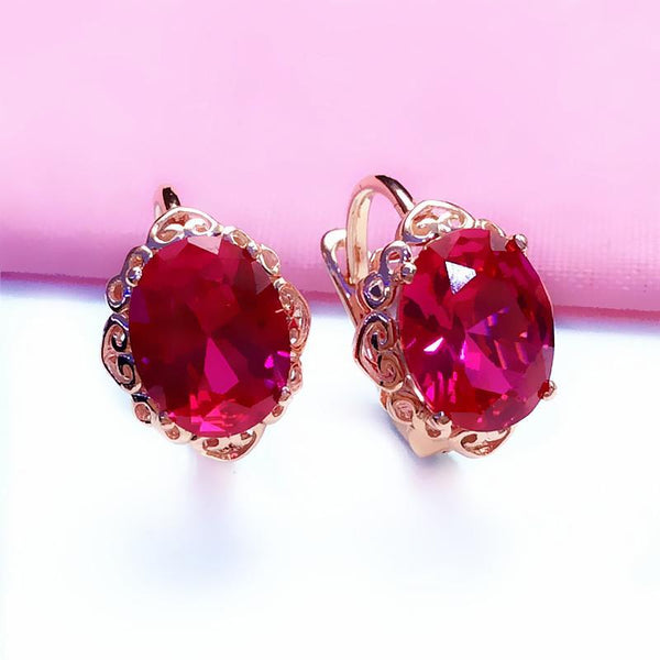 Pendientes de flor de rubí ovalada con incrustaciones de oro rosa de 14 quilates y baño de oro púrpura 585 para mujer